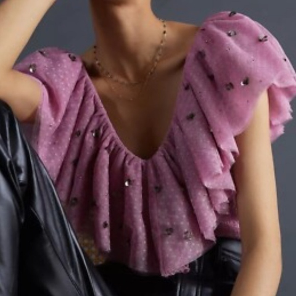 Anthropologie Maeve size tulle ruffle top smocked embellished pink v-neck